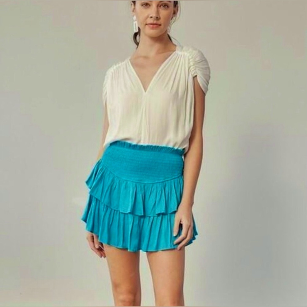 NWT Mustard Seed Your Fav Smocked Skort Jade Blue Tiered Ruffle Skirt w Shorts